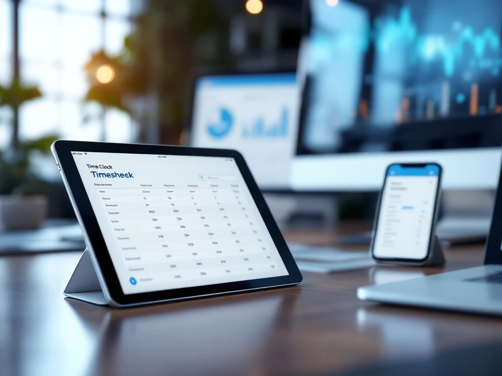digitale-tijdregistratie-software-apparaten-kantoor.jpg Moderne apparaten op bureau tonen digitale tijdregistratie software met gesynchroniseerde klokken en timesheet apps