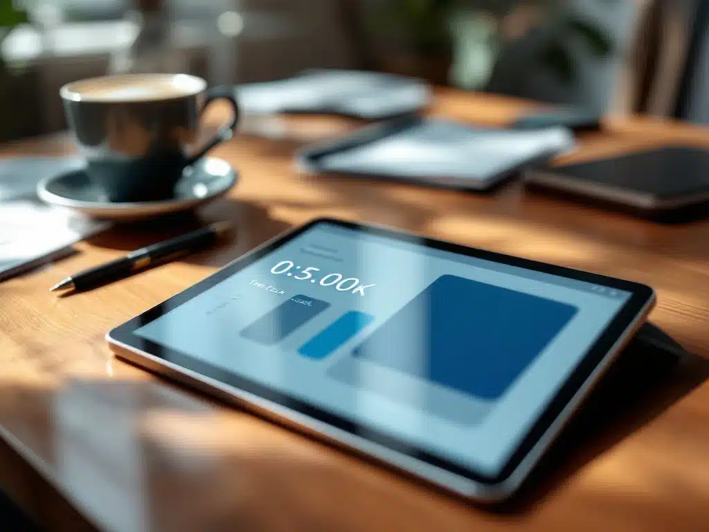 digitale-tijdregistratie-tablet-kantoor-app.jpg Moderne tablet met digitale tijdregistratie-app op houten bureau, omringd door koffiekopje en kantoorbenodigdheden