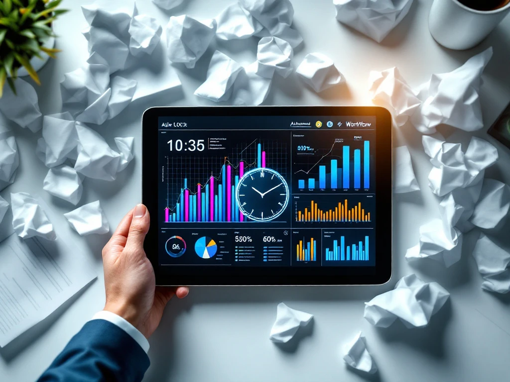 Moderne bureautafel met tablet die digitale grafieken toont, terwijl papieren documenten wegwaaien in de wind