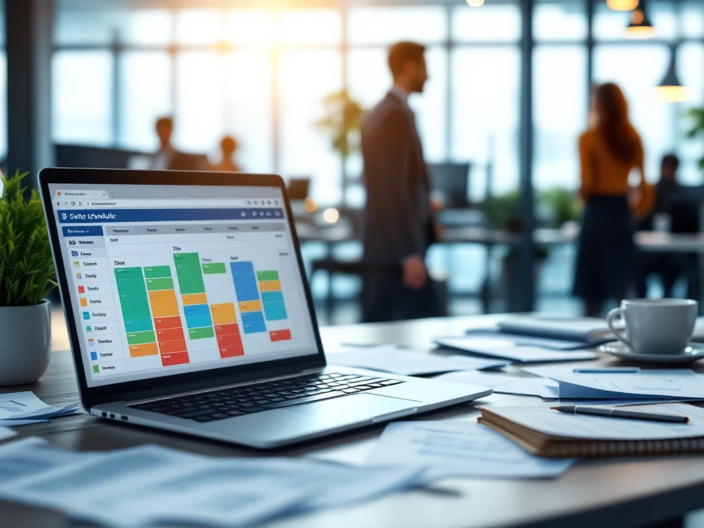 employee-scheduling-software-digital-workforce-management.jpg Laptop met digitale personeelsplanning naast handgeschreven roosters op modern kantoorbureau, werknemers op achtergrond