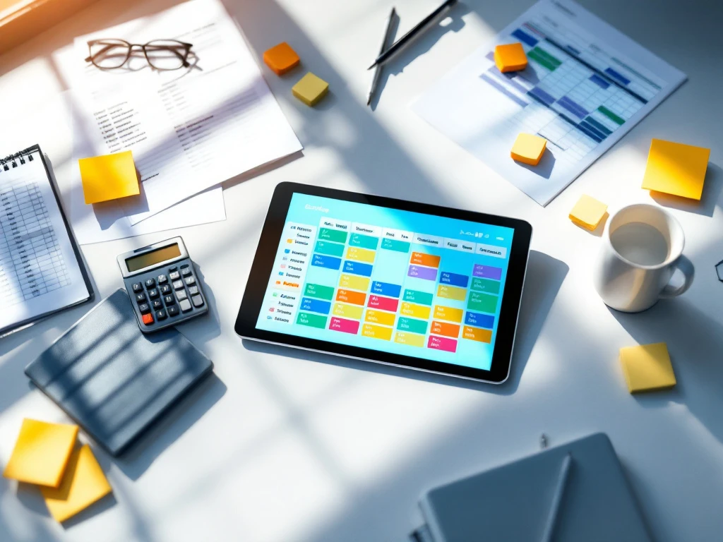 Tablet met digitale planning-app op bureau naast papieren roosters en rekenmachine, toont overgang naar digitaal