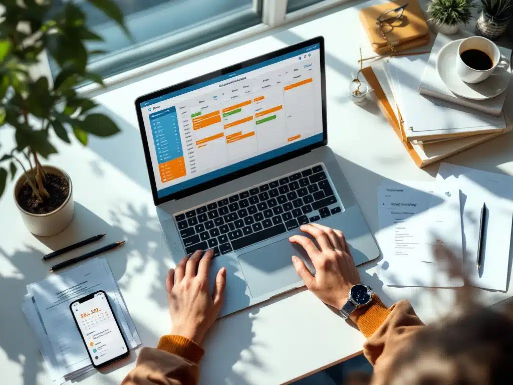 Laptop met digitale planningsoftware op modern bureau naast papieren roosters en smartphone met kalendernotificaties