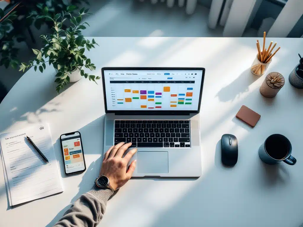 Moderne kantoorbureau met laptop met digitale personeelsplanning software, smartphone, koffie en kantoorbenodigdheden