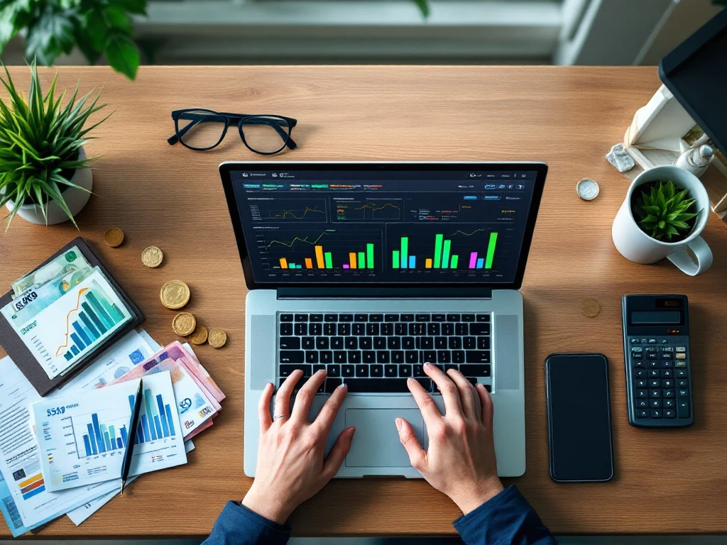 Bovenaanzicht van moderne werkplek met laptop met financiële grafieken, rekenmachine, eurobiljetten en munten op bureau
