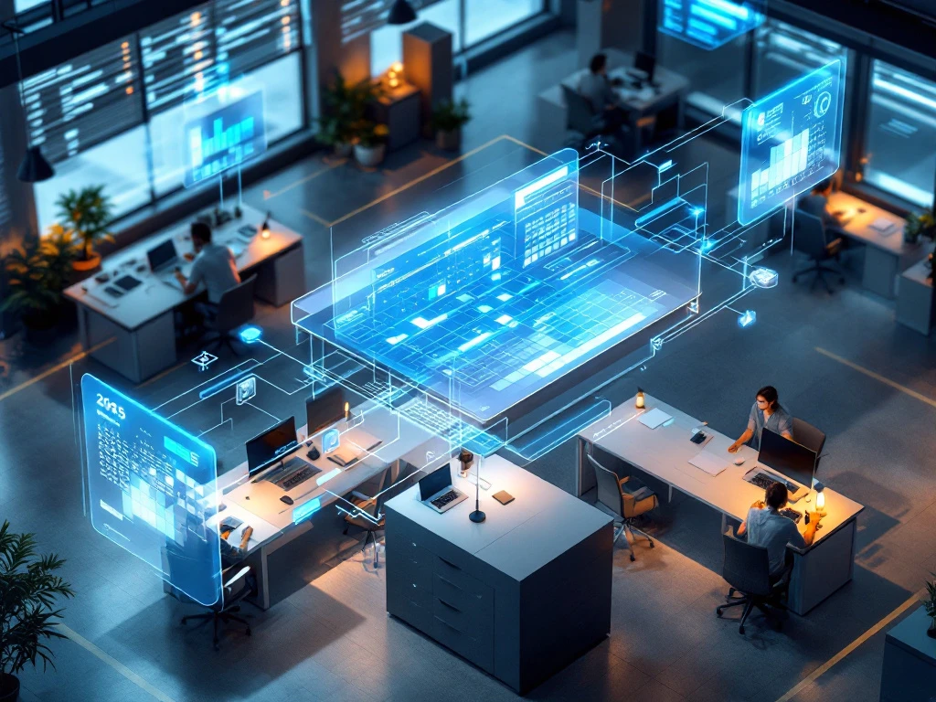 workforce-management-holographic-scheduling-office-2025.jpg Luchtfoto van modern kantoor met holografische agenda-interfaces en cloud-gebaseerde planningssystemen in futuristische setting