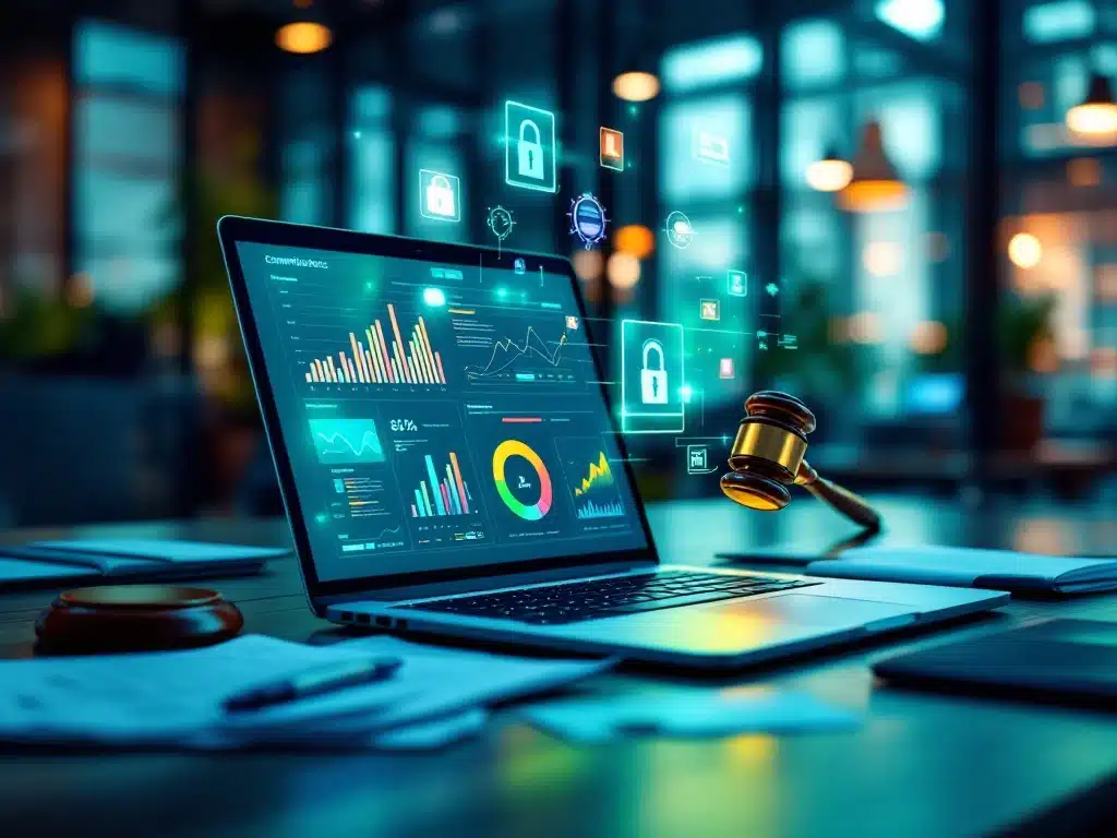 Moderne bureauopstelling met laptop die HR compliance dashboard toont, omringd door juridische documenten en gavel