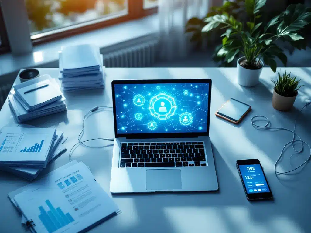 hr-workflow-digitalisering-kantoor-bureau.jpg Moderne kantoorbureau met laptop, tablet en smartphone verbonden door datacabels, omringd door HR-documenten en planningsinterfaces