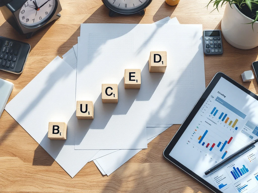 Zes houten blokken in oplopende trap op modern bureau met tablet, klok en calculator voor organisatie en planning
