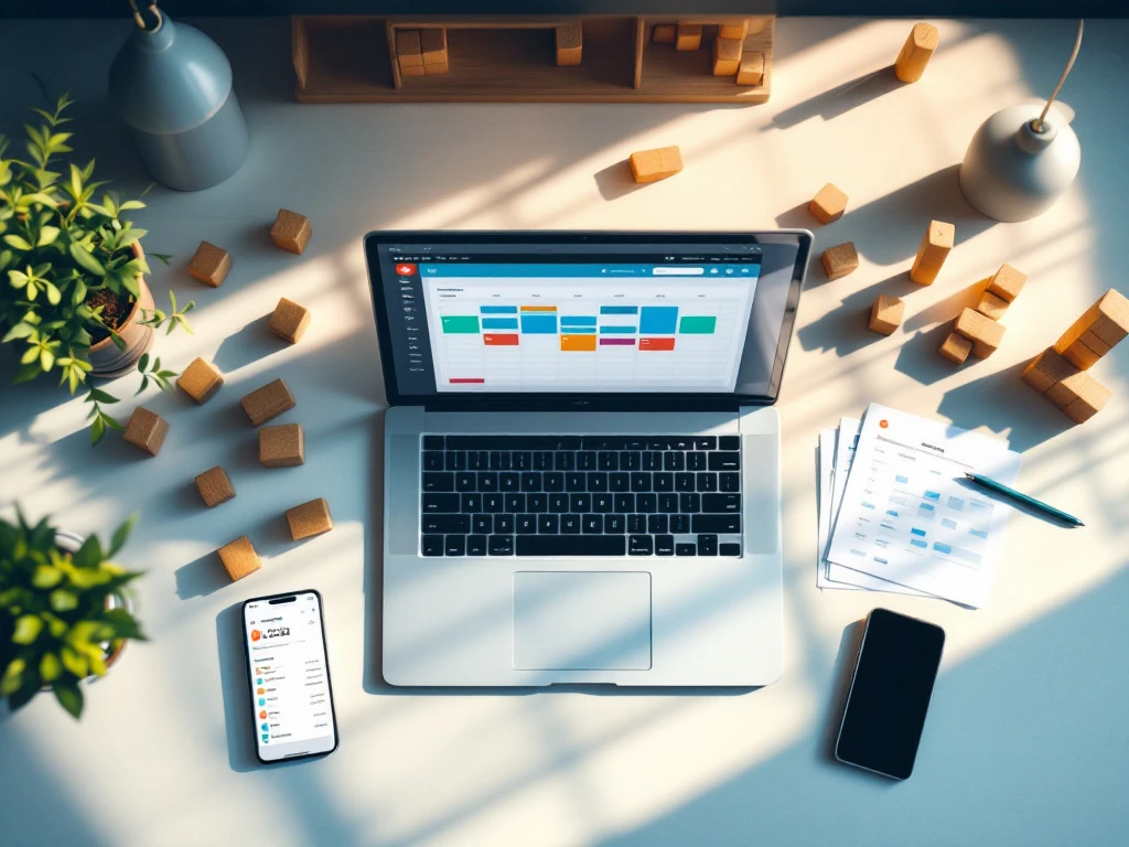 Laptop met kleurrijke planningsoftware op bureau omgeven door houten blokken, smartphone en roostertemplates