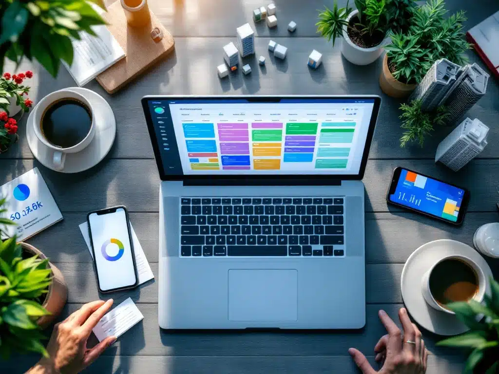 Laptop met kleurrijke planningsoftware op modern bureau omringd door smartphone, visitekaartjes en kantoormodellen
