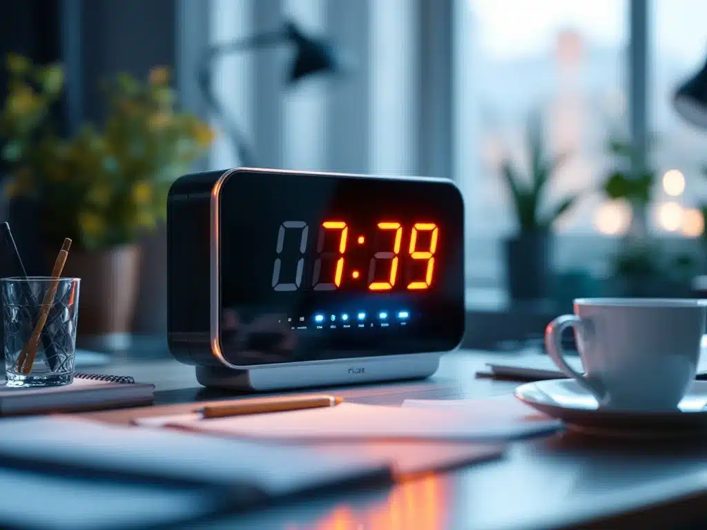 moderne-tijd-klok-kantoor-bureau-apparaat.jpg Moderne digitale tijdklok met blauwe verlichting op kantoorbureau met koffiekop en notitieblok