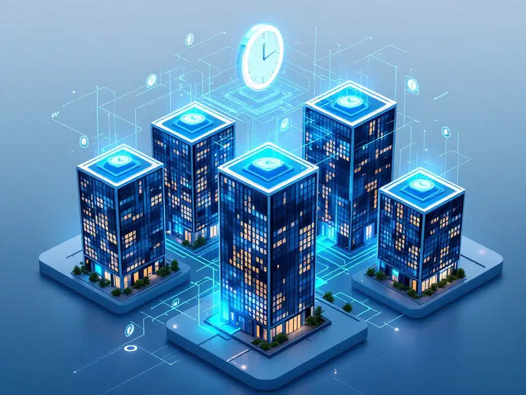 multi-locatie-kantoor-management-software-systeem.jpg Zes moderne kantoorgebouwen verbonden door blauwe digitale paden met kloksymbolen en holografische tijdregistratie-interfaces