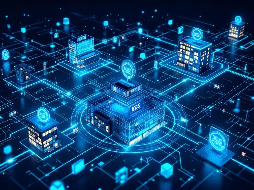 multi-locatie-tijdregistratie-systeem-kantoren.jpg Moderne kantoorlocaties verbonden door gloeiende digitale netwerken met gesynchroniseerde tijdklokken en datadisplays