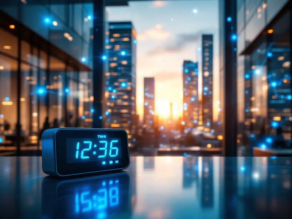 multi-site-tijdregistratie-kantoor-digitaal-netwerk.jpg Moderne kantoorgebouwen verbonden door digitale datastromen met tijdklok op bureau, gouden uur verlichting