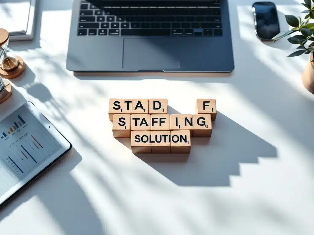 personeel-oplossingen-kantoor-bureau-blokken.jpg Zes houten blokken op wit bureau vertegenwoordigen personeelsoplossingen, omringd door tablet en documenten