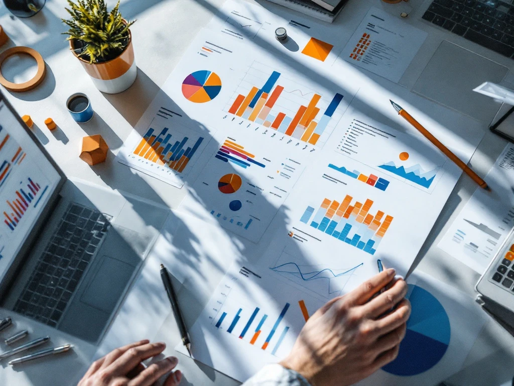 Bovenaanzicht van modern bureau met werkplanningsgrafieken, laptop met analytics en professionele planningstools