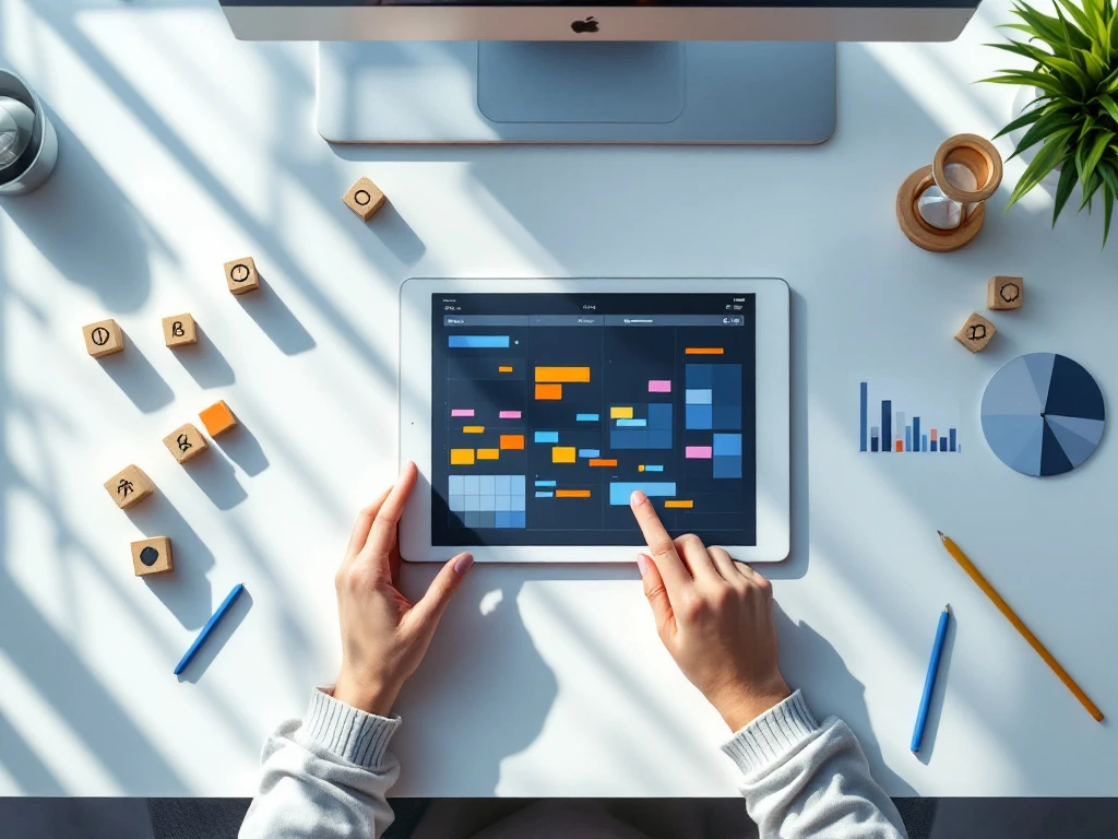 office-planning-bureau-organisatie-kalender.jpg Modern kantoorbureau van bovenaf met tablet met kleurrijke agenda, houten blokken met kloksymbolen en zandloper