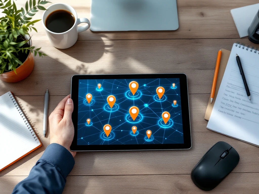 multi-locatie-planning-software-kantoor-tablet.jpg Digitale tablet met netwerkverbindingen tussen locatiepinnen op modern kantoorbureau voor planning en coördinatie
