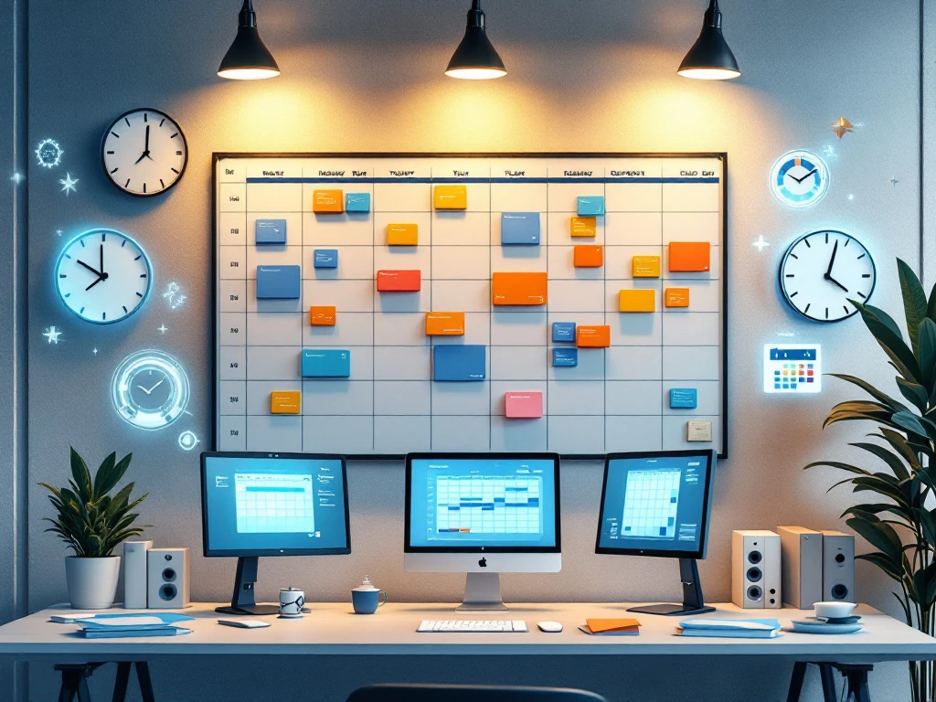 Moderne werkruimte met groot planningsbord, holografische kalenders en georganiseerde bureaus met computerschermen