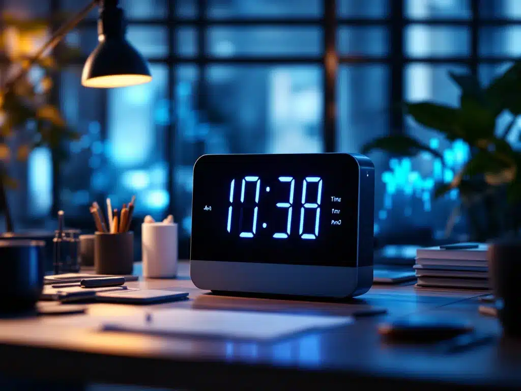 tijd-registratie-prikklok-kantoor-werkplek.jpg Moderne tijd klok apparaat met blauwe LED display op professioneel bureau met laptop en kantoor accessoires