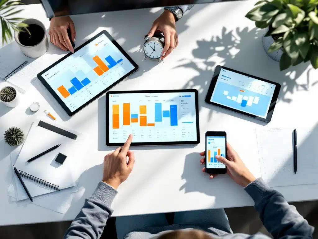 Moderne kantoordesk met tablets en smartphones die kleurrijke roosterplanningsinterfaces tonen in Nederlandse werkomgeving