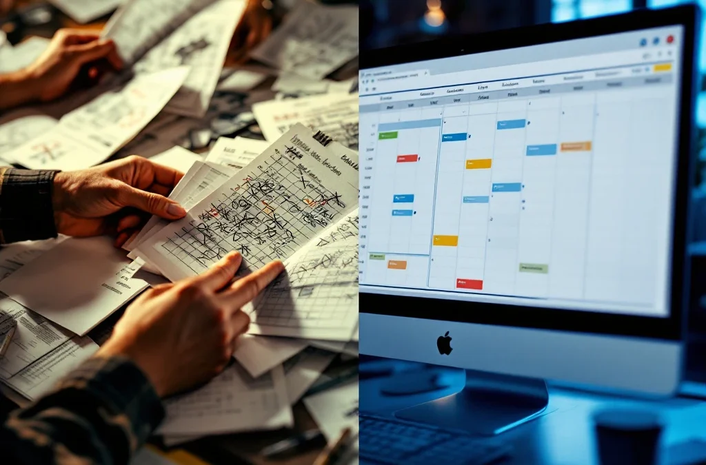 Gesplitst scherm toont chaotische papieren roosters links versus georganiseerde digitale planning software rechts