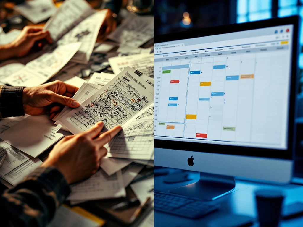 Gesplitst scherm toont chaotische papieren roosters links versus georganiseerde digitale planning software rechts