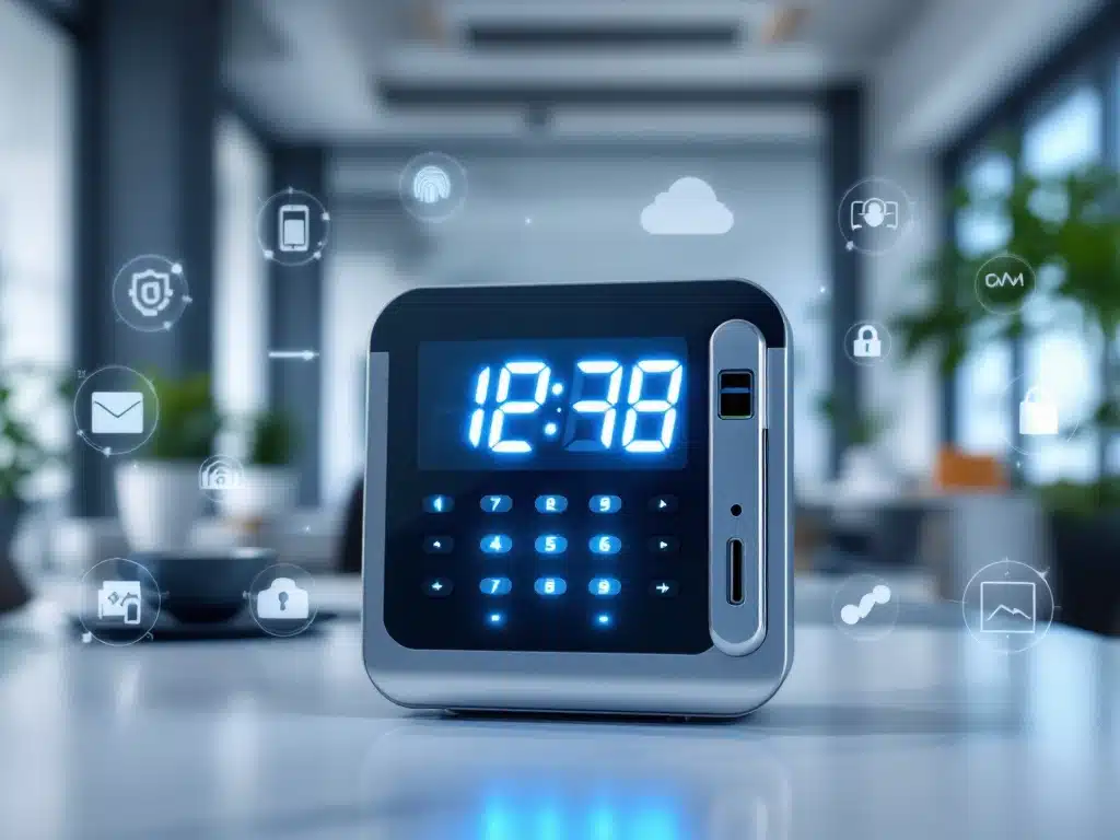 tijdklok-systeem-kantoor-technologie-apparaat.jpg Moderne digitale tijdklok met blauwe LED-display omringd door acht verlichte functie-iconen in professionele kantooromgeving