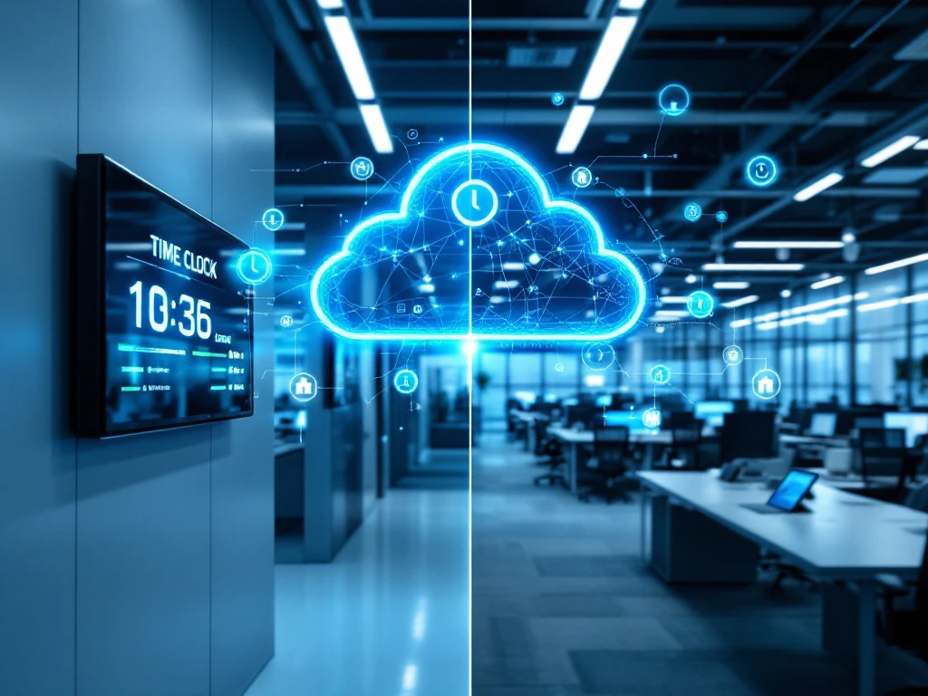 tijd-registratie-systeem-kantoren-cloud-synchronisatie.jpg Moderne kantoren verbonden door digitale tijdregistratiesystemen met blauwe synchronisatielijnen en cloud-technologie