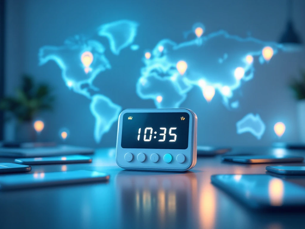 Digitale klok op bureau met smartphones die tijdregistratie-interfaces tonen, wereldkaart op achtergrond