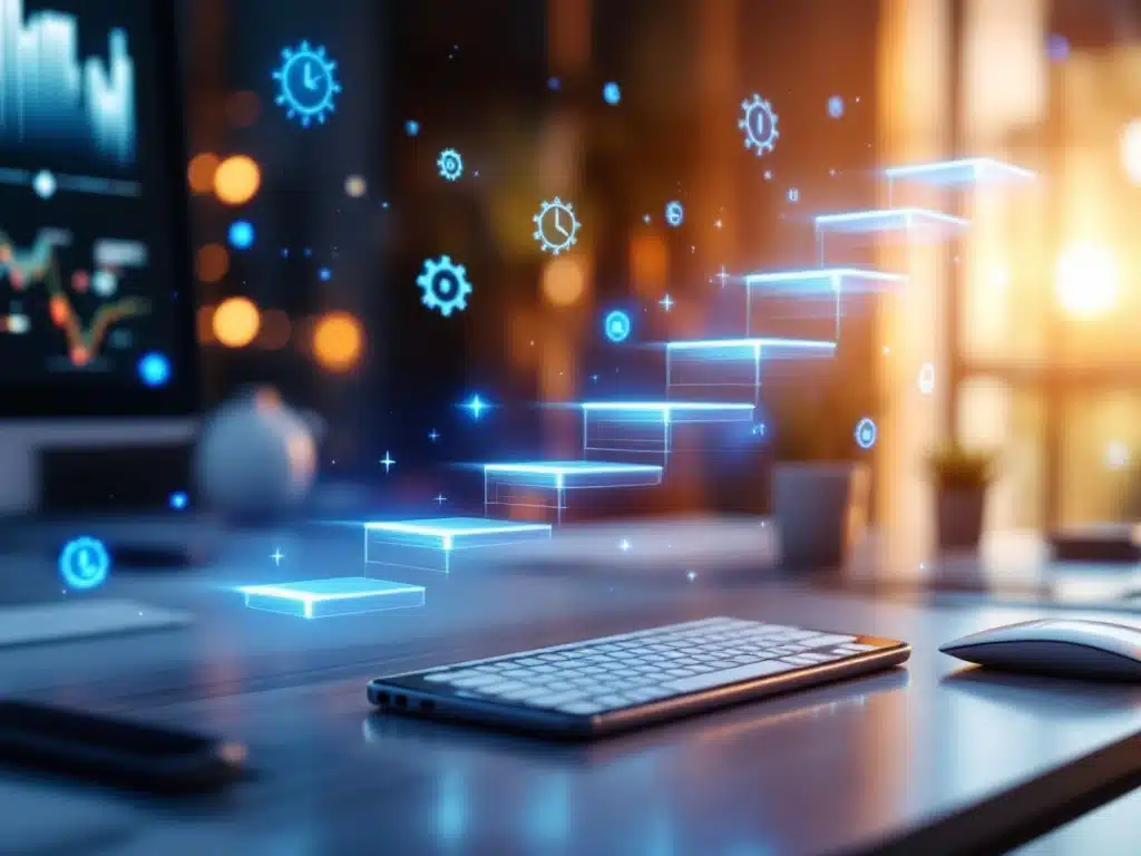 tijd-beheer-automatisering-kantoor-dashboard.jpg Digitale tijdklok interface met zeven verlichte stappen boven modern kantoorbureau met smartphone en toetsenbord