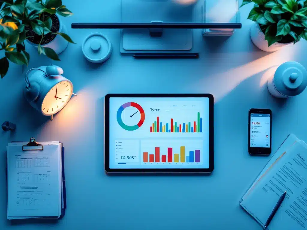 Digitale tablet met tijdmanagement-grafieken op modern bureau omringd door klok, documenten en smartphone