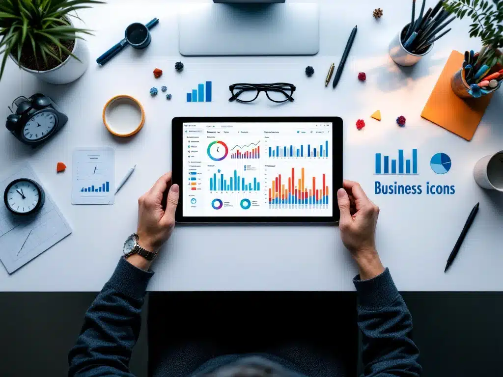 tijd-management-kantoor-bureau-tablet-grafiek.jpg Digitale tablet met tijdmanagement grafieken op modern bureau omringd door georganiseerde zakelijke pictogrammen en kantoorbenodigdheden