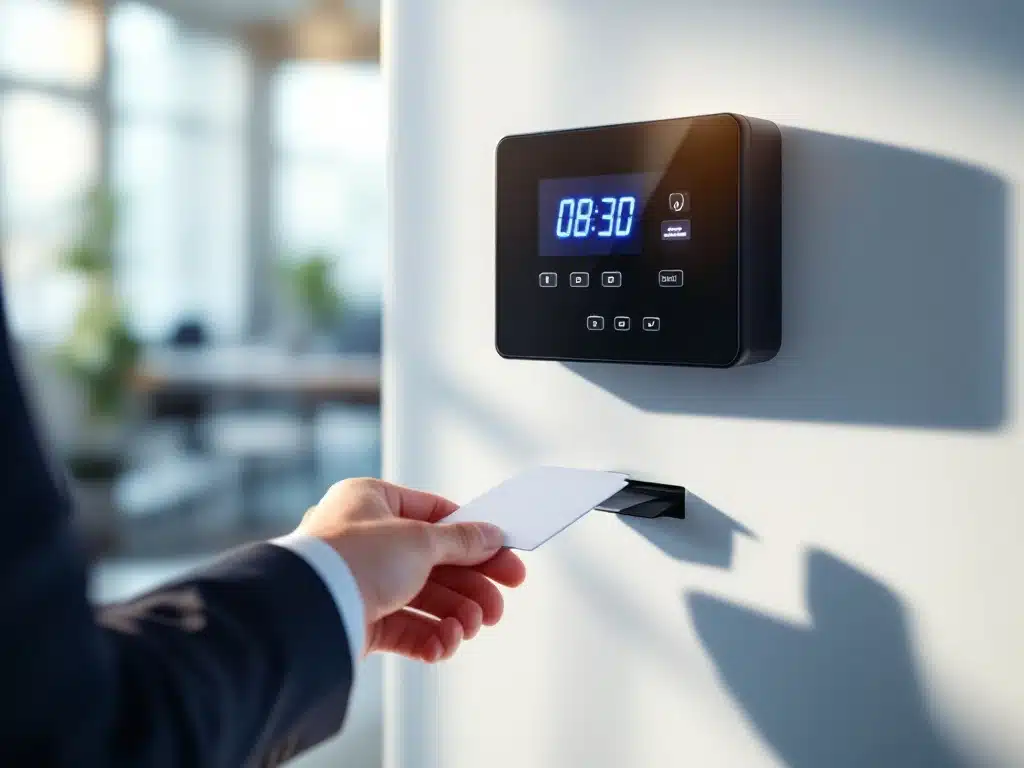 digitale-prikklok-kantoor-werknemer-id-kaart.jpg Hand met werknemerskaart bij digitale tijdklok die 08:30 toont op blauwe LCD-display aan kantoorwand