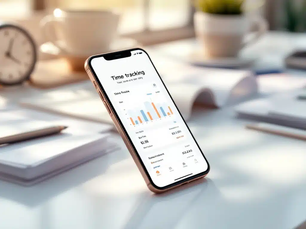 time-tracking-app-smartphone-interface-zakelijk.jpg Smartphone met tijdregistratie-app op wit bureau naast klok, koffie en papieren in professionele werkruimte