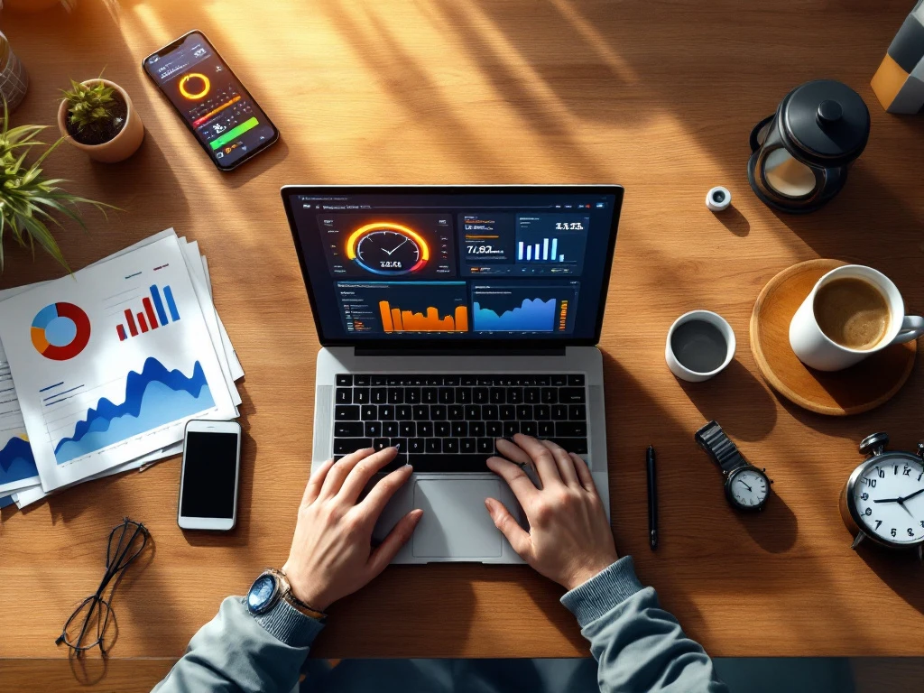 tijd-bijhouden-dashboard-kantoor-productiviteit.jpg Laptop met kleurrijk tijdregistratie dashboard op modern bureau met smartphone, documenten en koffie in natuurlijk licht