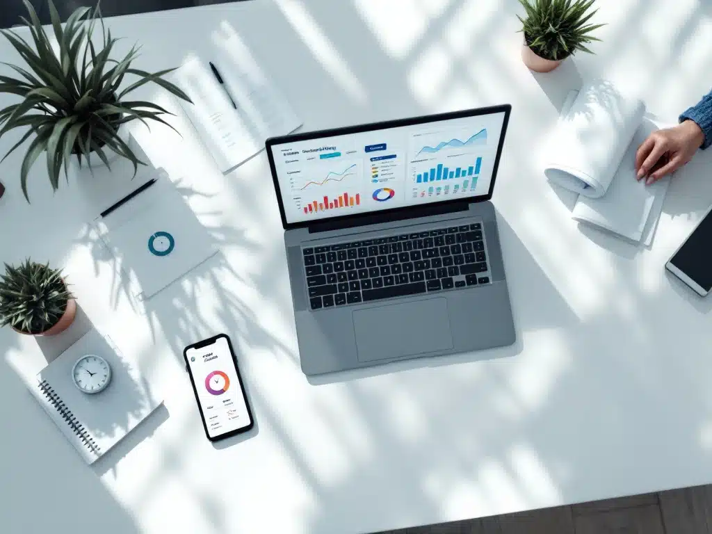 Moderne kantoorbureau met laptop met tijdregistratie-dashboards, documenten met klokpictogrammen en smartphone