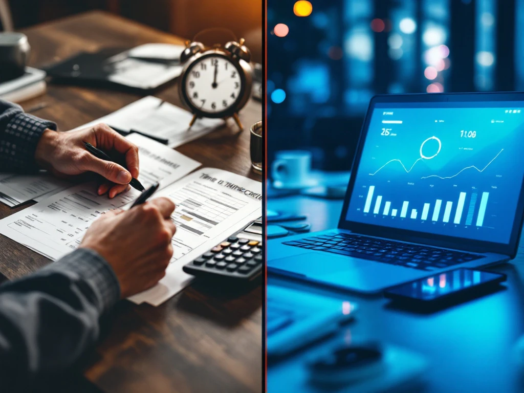 Gesplitst scherm toont handmatige tijdregistratie met papier en pen links, digitale tijdtracking op laptop rechts