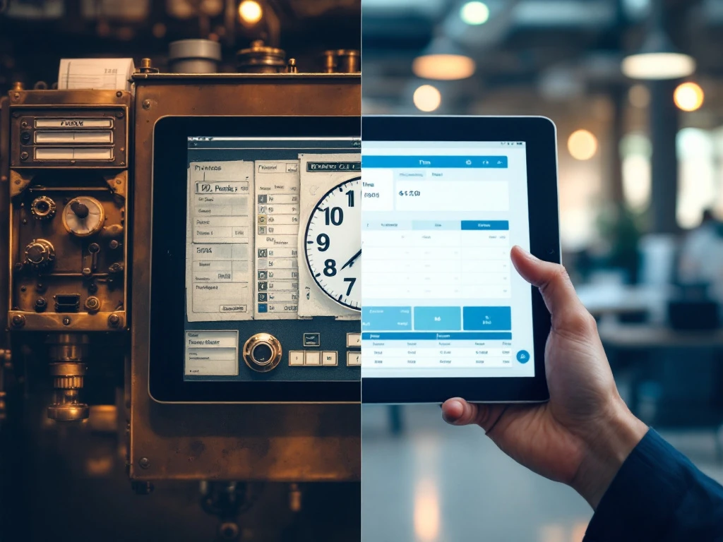 Vintage prikklok naast moderne tablet met digitale tijdregistratie, toont evolutie van personeelsmanagementsystemen