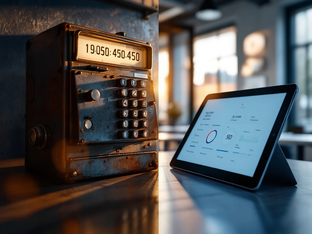 Vergelijking van traditionele prikklok en moderne tablet voor tijdregistratie in kantooromgeving met dramatische belichting