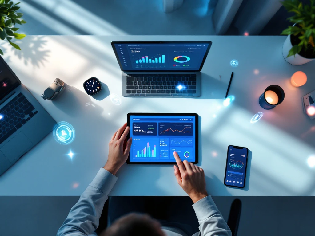 Moderne kantoorbureau met tablet, laptop en smartphone die tijdregistratie dashboards en analytics tonen van bovenaf