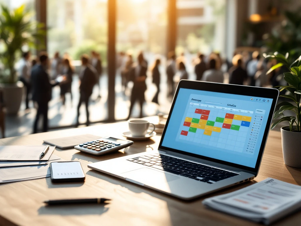 employee-scheduling-software-kantoor-laptop.jpg Laptop met personeelsplanning software op modern bureau, omringd door calculator, documenten en smartphone