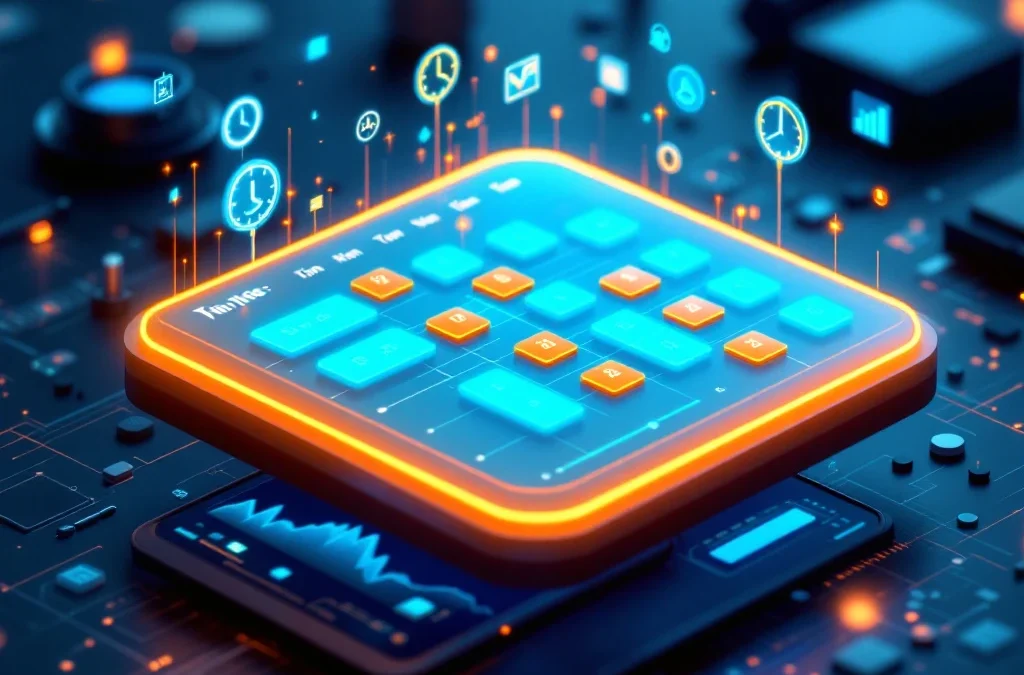 Digitale werkrooster kalender met 3D interface, gloeiende tijdslots en planning blokken in moderne kantooromgeving
