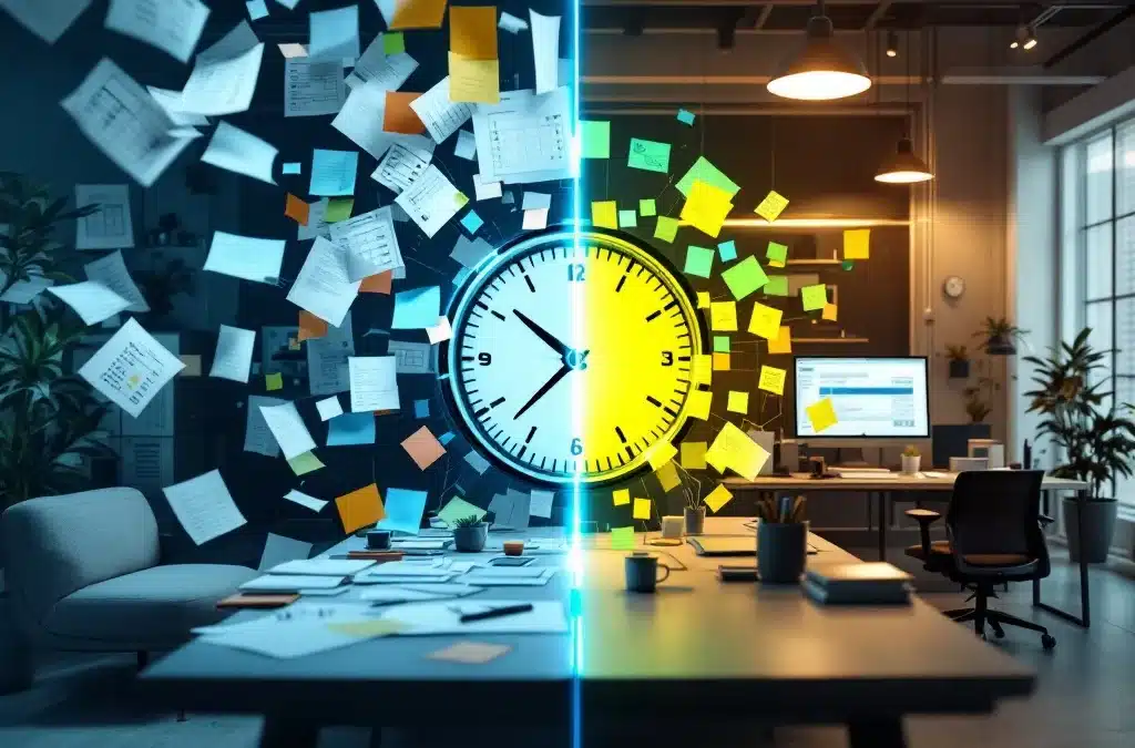 Split-screen kantoor toont overgang van chaotische papieren planning naar georganiseerde digitale werkplek met klok als middelpunt