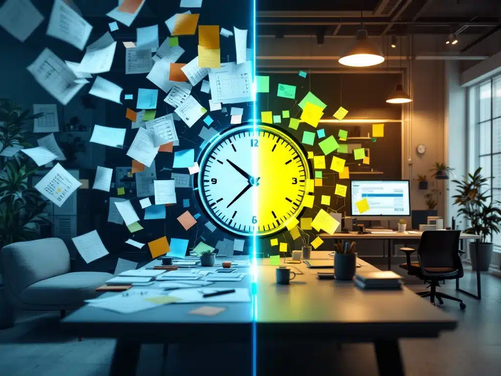 Split-screen kantoor toont overgang van chaotische papieren planning naar georganiseerde digitale werkplek met klok als middelpunt