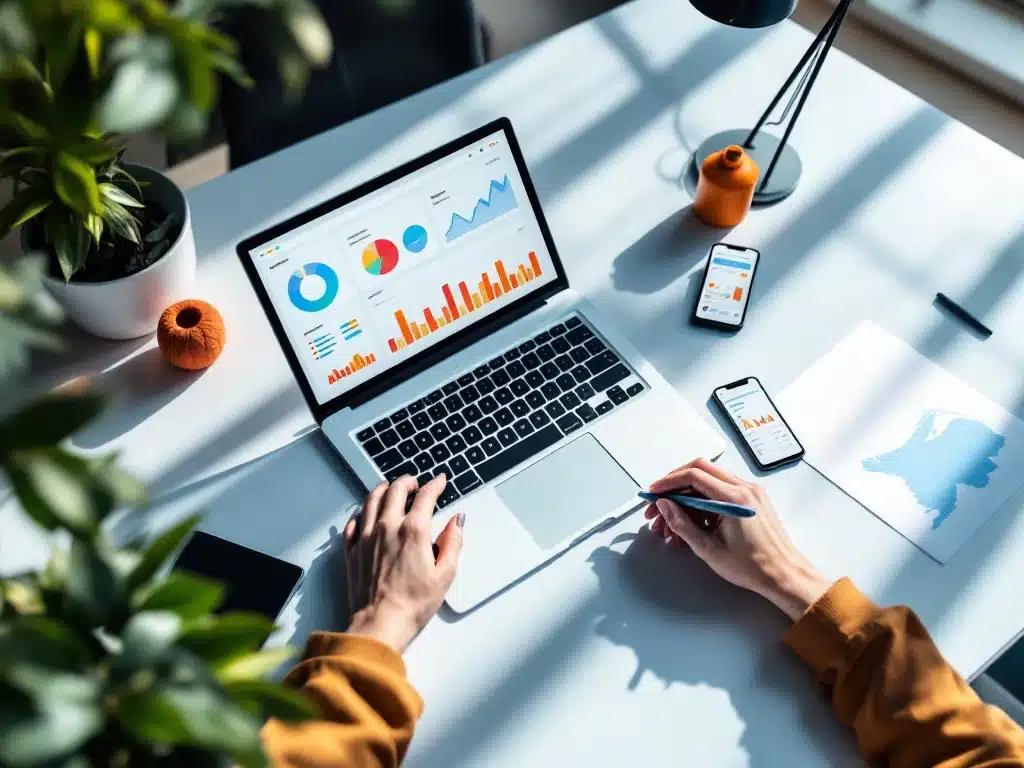 Moderne kantoorwerkplek met laptop en smartphones met personeelsplanning software, Nederlandse bedrijfselementen in blauw-oranje