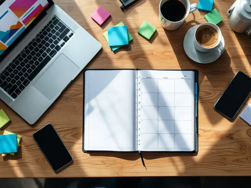 Open weekplanner op houten bureau met laptop, smartphone, kleurrijke notities en koffiekop voor tijdmanagement