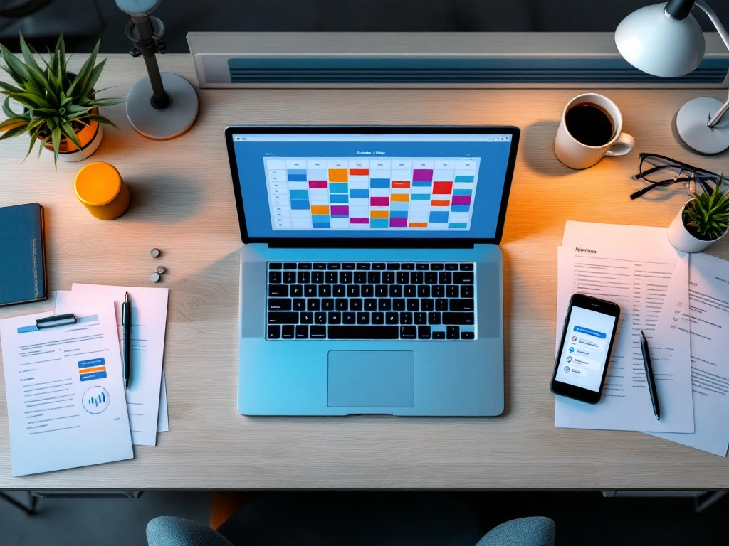 Moderne bureauopstelling met laptop met digitale planning, documenten, smartphone en koffiekop op houten bureau