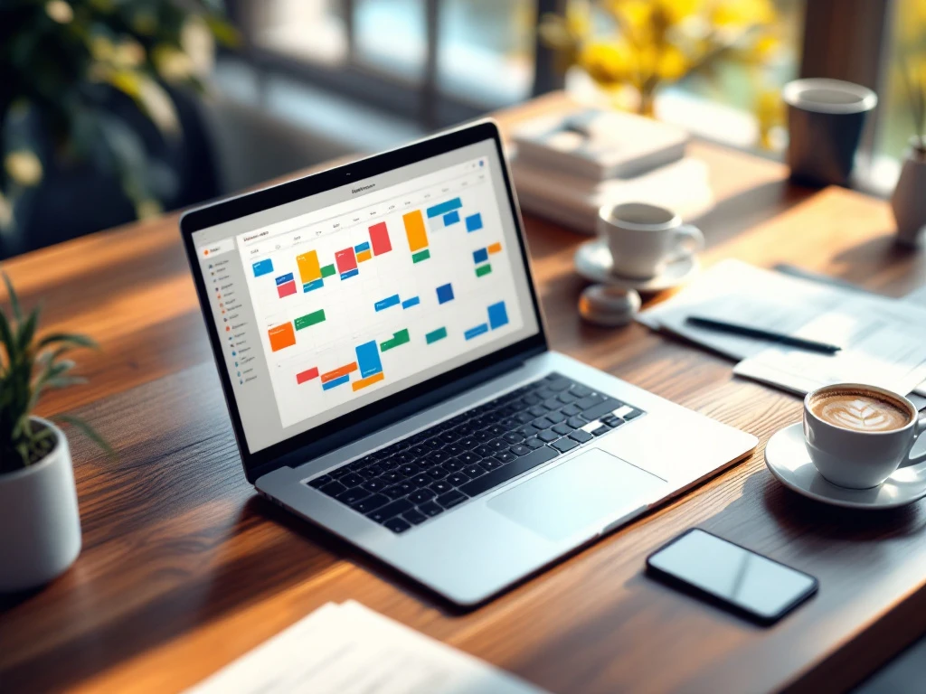 digitale-planning-kantoor-bureau-laptop-productiviteit.jpg Laptop met kleurrijke planningsoftware op houten bureau, omringd door agenda's, smartphone en koffiekop in natuurlijk licht