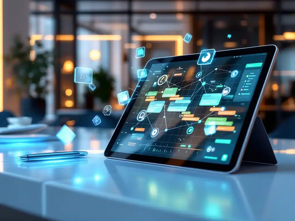 Digitale tablet met kleurrijk planningsschema en datatstromen op modern kantoorbureau met blauwe verlichting